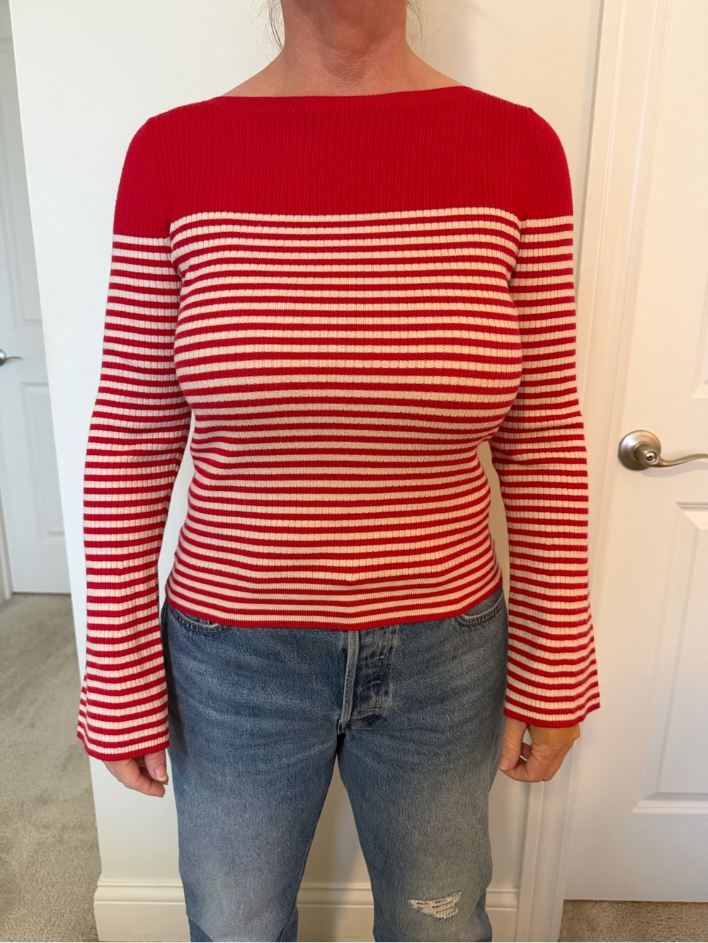 LOFT Red and White Striped Boatneck Ribbed Top